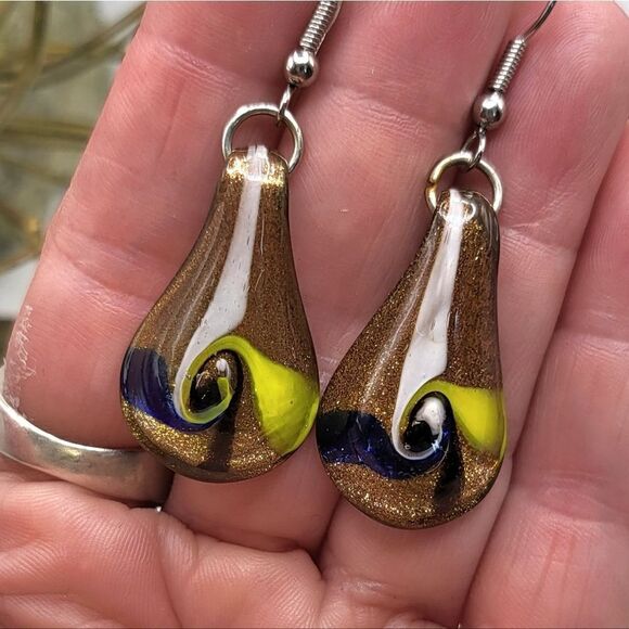 "5/$25" Vintage Dichroic Art Glass Gold Foil Dangle Earrings - Picture 6 of 8